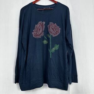 Joei & I Long Sleeve Floral Rhinestone Womens 2X Navy Rose Casual Top